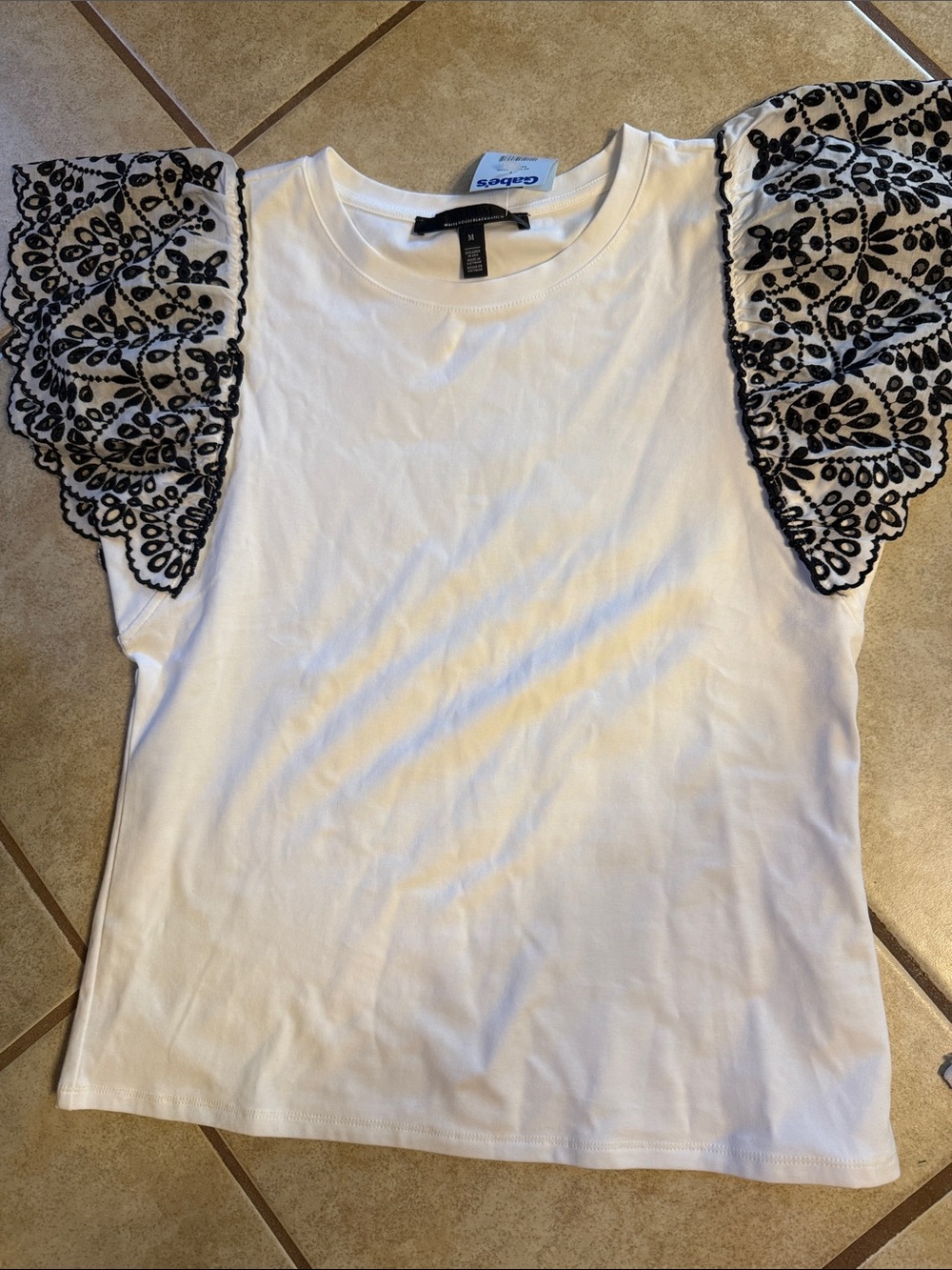 White House Black Market White Tee with Black Embroidered Flutter Sleeves M